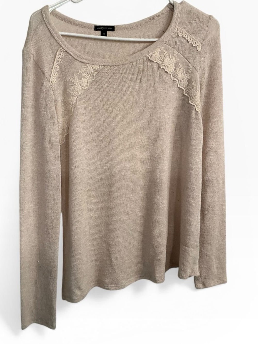 Neutral Lace-Accent Long Sleeve Top by New York & Company